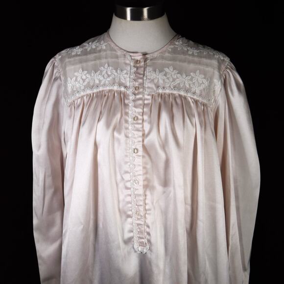 Flannel Backed Satin Night Gown Midi Lace Embroidery Grannycore Tiny Flaw - Picture 2 of 15